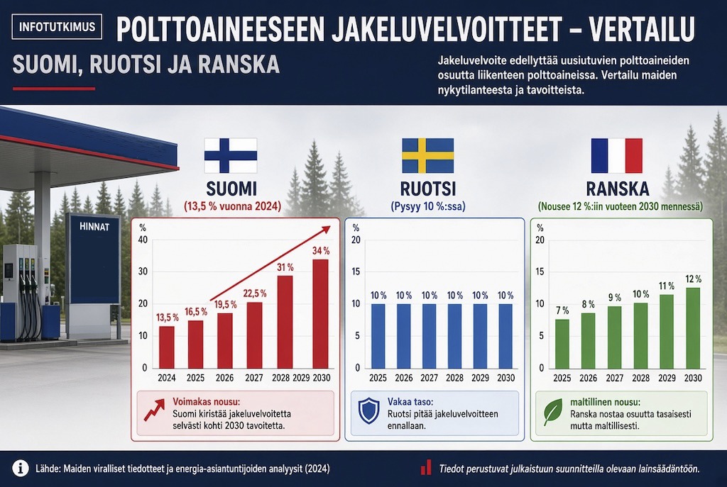 Suomi nostaa jakeluvelvoitetta rajusti – pumppuhinnat kallistuvat enemmän kuin Ruotsissa ja Ranskassa